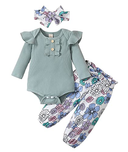 Image of ADXSUN Newborn Baby Girl Clothes Ribbed Ruffled Romper+Striped/Cow/Leopard Flared Pants Infant Outifts 0-18 Months