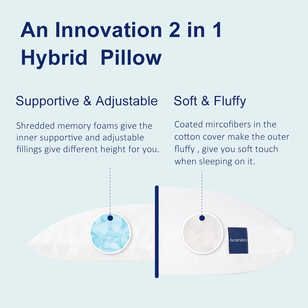 ACCURATEX Almohadas 50x70cm Juego de 2, Espuma Viscoelástica Triturada Ajustable, Relleno Alternativo al Plumón, Funda de Algodón Extraíble - Soporte Firme para Dormir de Lado y Espalda