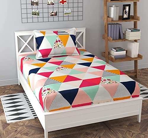 Image of Cotton Single Bed Bedsheet | Bedsheet with 1 Pillow Cover | 200TC Elastic Fitted Bedsheet for Bedroom (Red Rose - 72x48x Upto 6 Inches, Multicolor