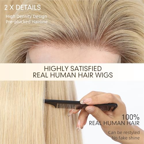 Image of KKU 100% Human Hair Wig, Lace Front Wigs Human Hair Side Part,Ombre Blonde Wig Human Hair, Real Human Hair Wigs for Women(16Inch)