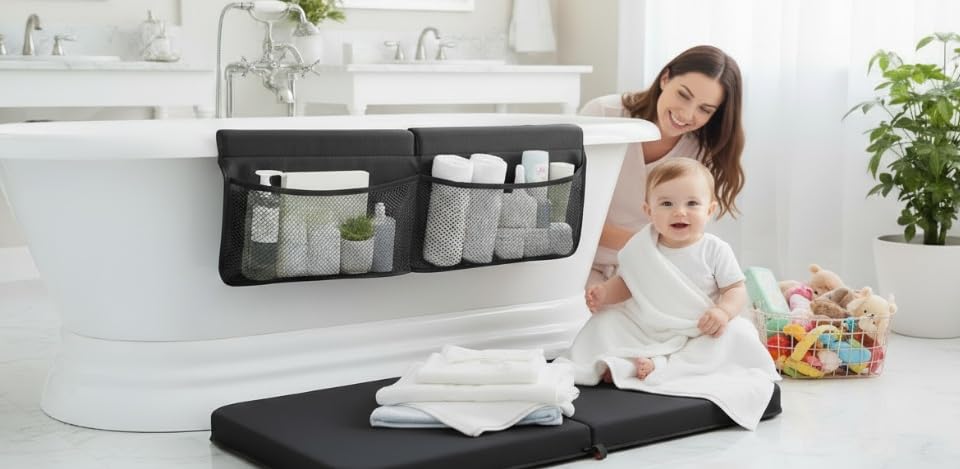 Image of NEW Luxury Bath Kneeling Pad and Elbow Rest Set - THICK SOFT Bath Kneeler Pad and Bath Toys Organizer with Pockets - Supports Knees and Elbows - Bath Kneeling Pad for Baby Bathtime - Dark Grey