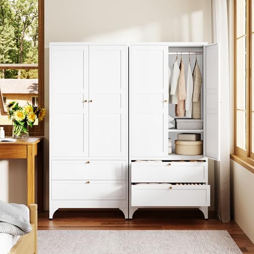 Image of Letaya 71 inch Metal Wardrobe Cabinets with 2 Drawers,Steel Armoire Wardrobe Closet with Doors and Shelves,Clothing Storage Cabinets with Hanging Rod for Bedroom, Gym, Cloak Room,White