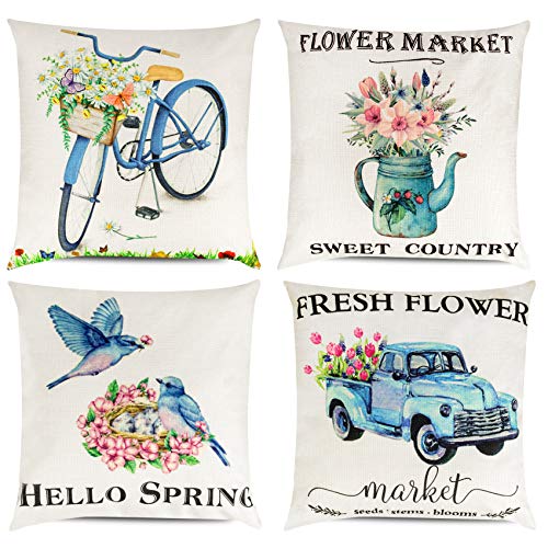 Ouddy Spring Pillow Covers 18x18 Inch Set of 4 Spring Flower Truck Bird Bicycle Decor Cotton Linen Farmhouse Throw Pillows Covers Spring Decorations for Home