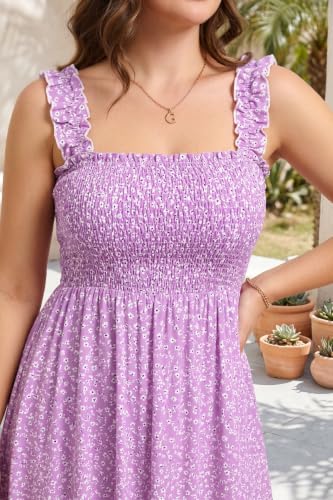 Image of Pinup Fashion Plus Size Summer Floral Sundress Smocked Casual Long Dress | Square neck, elastic ruffled straps, high waist A-line, tiered hem, perfect for beach vacation holiday Hawaiian wedding guest