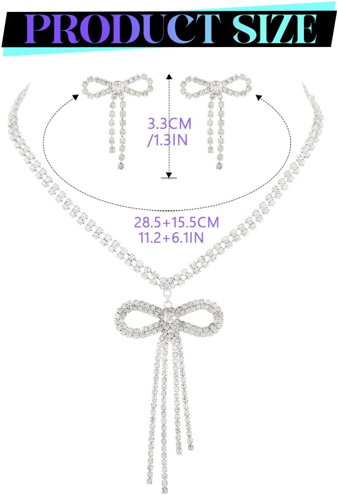 JEAIRTS Rhinestone Bow Jewelry Set Sparkly Bowknot Necklace and Earrings Crystal Prom Jewelry Sets for Women