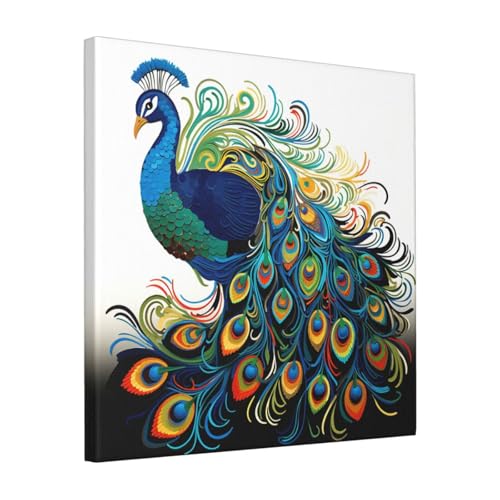 Tableau paon moderne pour salon et chambre : décoration murale zen sur toile 40x40cm