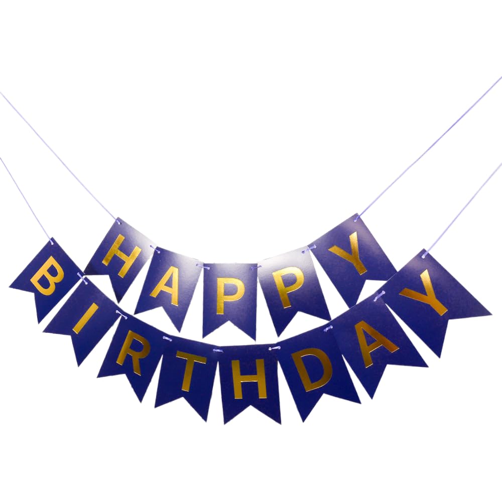 Kiyanest Royal Blue Gold Foil Happy Birthday Banner - Elegant Party Decoration