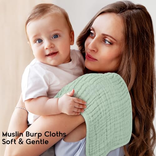 Image of Unnivoll Muslin Burp Cloths for Baby 100% Cotton Burping Cloths for Boys Girls Large 20''X10'' Extra Soft and Absorbent 12 Pack - White and Green