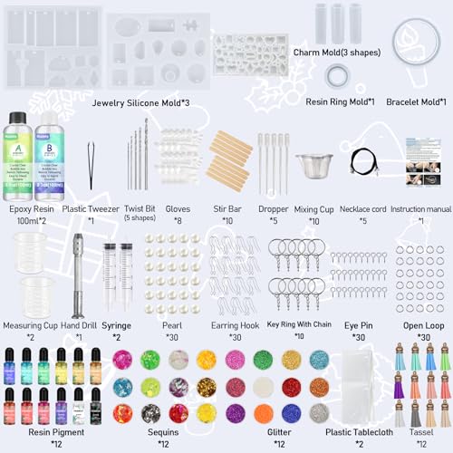 IGaiety Kit de fabricação de joias de resina, 240 peças, molde de resina epóxi de silicone, kit inic