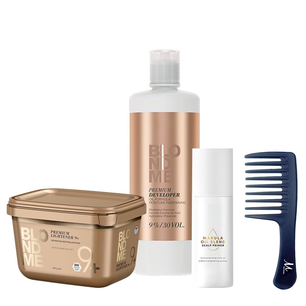 Blonde Me Lightener 9+ Premium Bleach Powder 450 grams, Blonde Me Developer 30 Volume 1 Liter, Marula Oil Blend Scalp Primer 150 ml, M Hair Designs Detangling Comb (Bundle)