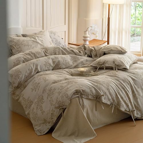 VM VOUGEMARKET Garden Floral Duvet Cover Queen,3 Pcs Yarn-Dyed Jacquard Textured Duvet Cover with Bowknot Retro Monet Style Bedding Set-90"x90",Khaki