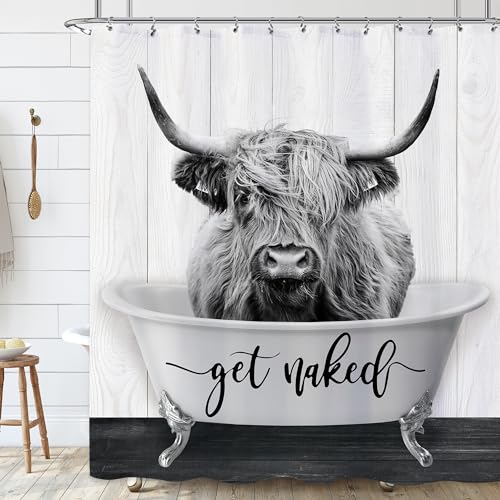 Laifzere Rideau de douche rustique en bois pour salle de bain - Motif vache des Highlands se nue - 183 x 183 cm