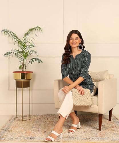 Image of DSK Studio Women's Cotton Short Kurti with Notch Neck Line 3 /4th Sleeves Abstract Pattern Short Length and Regular Fit