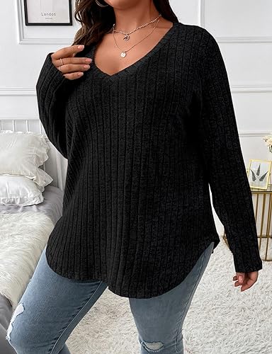 Image of Koscacy Women Plus Size Casual Knit Sweater V Neck Solid Color Tops Lightweight Long Sleeve Blouses