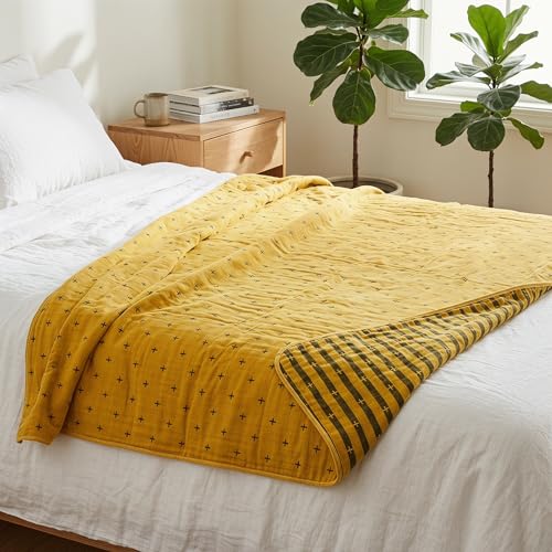 Image of SANACYNA Muslin Blankets for Adults 100% Cotton 6-Layer Gauze Yellow Geometric Bed Blanket Lightweight Soft and Breathable King Blanket for Sofa Bed Coverlet Both Sides (Yellow, King 90 inch X 104 inch)