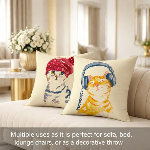 Image of STITCHNEST Set of 2 Jute Cushion Covers - 12x12 Inches - Cute Cat in Beanie & Headphone Cat Prints - Designer Decorative Pillow Covers for Sofa, Living Room & Bedroom | Perfect for Home Decor