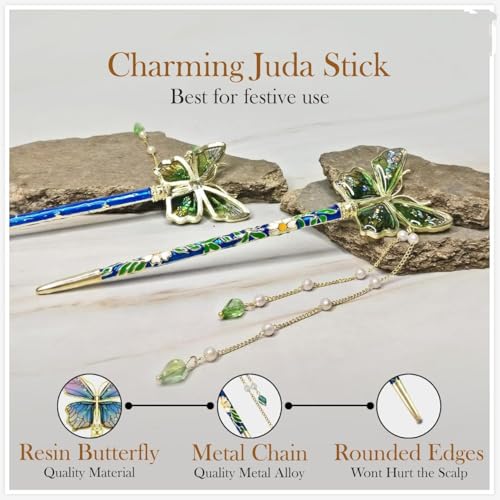 Image of HAIR WALA Decorative Butterfly Hair Juda Stick with Pearl Beads, Green and Gold Traditional Japanese Hair Pin, Floral Design
