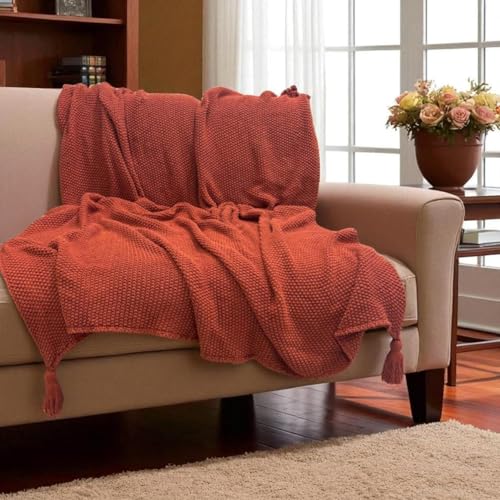 Image of Furnistitchs Plain Solid Knitted Sofa Throw Blanket 50x60 inches / 125x150 cms| Cotton Plain Knit with Tassels | Aesthetic Bohemian Decorative Couch Throws for Living Room & Bedroom (Rust)
