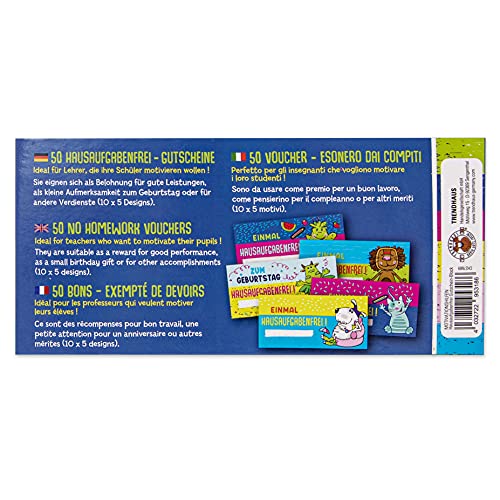 TRENDHAUS 601469 Belohnungssystem für Kinder, 100 x Hausaufgaben-Frei-Gutscheine, Fleißkärtchen für Schüler, bunt