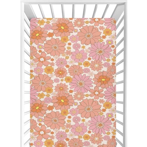 CaTaKu Mini Crib Sheets Fitted for Girls Boys Retro Orange Flower Baby Crib Sheets, Neutral Mattress Sheets Nursery Toddler Bed Sheets 28