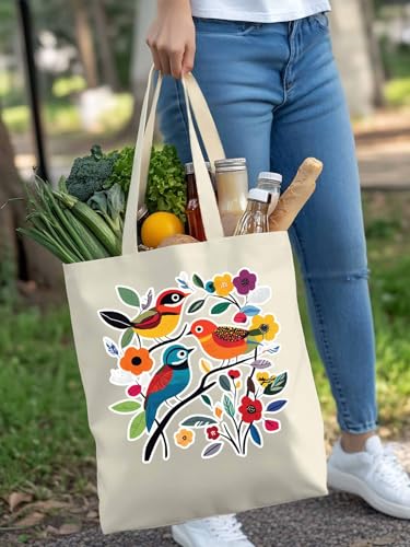 Spring Floral Birds Summer Canvas Tote Bag, Aesthetic Canvas Tote Handbags for Women Shoulder Bag4