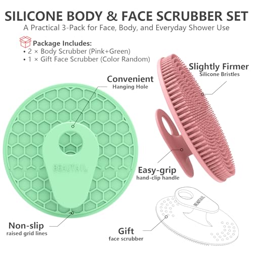 Image of BEAUTAIL Silicone Body & Face Scrubber Set 3 Pack, Gentle Shower Scrubber | Hygienic Silicone Loofah, Easy-Grip Handle, Soft Exfoliating Bath Brush for Sensitive Skin, Women, Men & Kids, Pink+Green