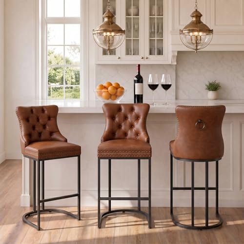 Image of UVV Counter Height Bar Stools Set of 3, 26 inch Modern Barstools with Back, Faux Leather Upholstery Counter Chairs with Metal Legs for Kitchen Island, Bar, Counter, Brown
