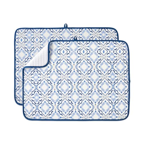 FRESHMINT Printed Dish Drying Mats for Kitchen Counter 2 Pack Absorbent Reversible Drying Mats Microfiber Kitchen Countertop Protector Dishes Drying Pad Extra Large 18