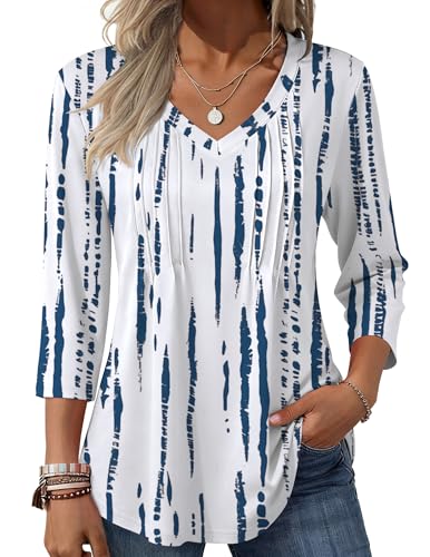 Zeagoo 3/4 Length Sleeve Womens Tops Casual V Neck Top Pleated Floral Boho Blouses Fall Tunics White Blue
