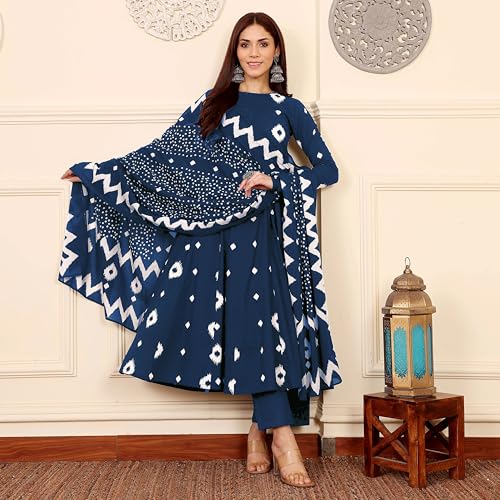 Image of ANNI Designer | Rayon Anarkali Printed Kurta with Pant & Dupatta | Cotton Kurta Set for Women | Stylish Co-Ord Set with Dupatta Ethnic Dress for Women