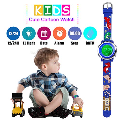Kids Watch 3D Cartoon Toddler Wrist Digital Watch Waterproof 7 Color Lights with Alarm Stopwatch for 3-10 Year Boys Girls Little Child (Dinosaur A-Blue)3