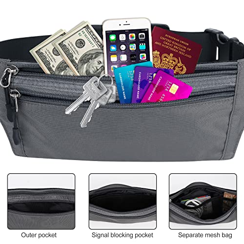 MYCARBON Bauchtasche Gürteltasche Flach Reisen Sport Hüfttasche RFID 100% Diebschutz | Wasserdicht | Joggen Fahrradfahren Reise Laufen | Hüfttasche Damen Herren Grau