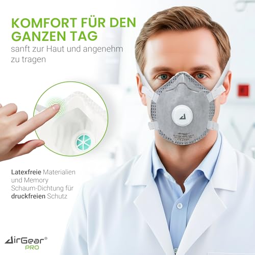AirGearPro D-110C FFP3 Maske mit Ventil (20er Pack) – Staubmaske – Atemschutzmaske – Staubschutzmaske – Feinstaubmaske – Atemschutz z.B. gegen Feinstaub, Schimmel