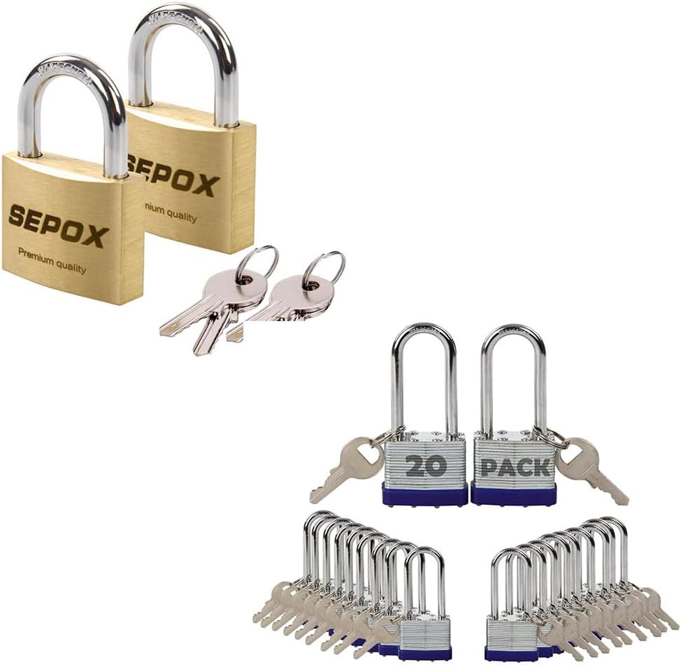 SEPOX® Keyed-Alike Padlock Bundle – 2 Brass 40mm Waterproof + 20 Steel 40mm Long Shank Big Handles