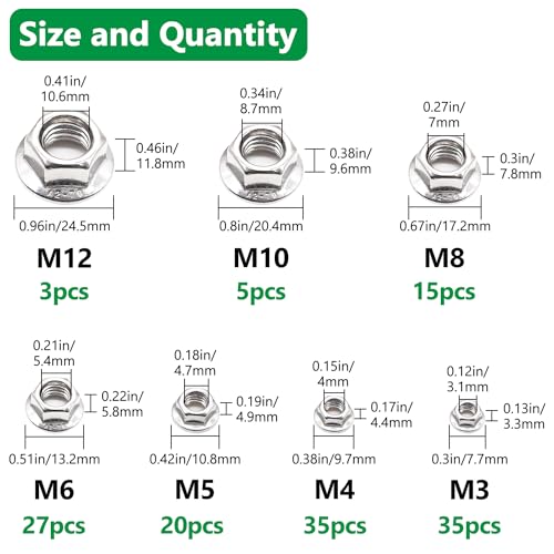 Aienxn Q-057-BOX 140Pcs 7 Metric Sizes 304 Stainless Steel Hex Flange Nuts Assortment Kit -M3 thumb #1