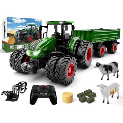 Uarzt Remote Control Tractor Toys for Boys | Metal Hood & 8 Rubber Tires, 1:24 Scale RC Truck Farm Vehicle Playset with Detachable Trailer, Front Loader and Animals, Toy Gifts for Kids Ages 3-5 4-8