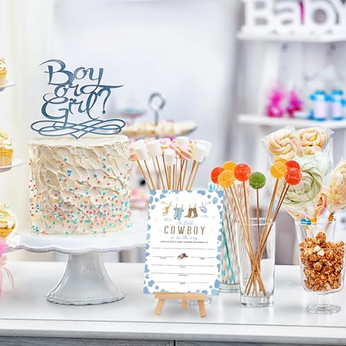 Invitaciones de vaquero para baby shower azul de 5x7 con sobres y pegatinas pack de 25 5