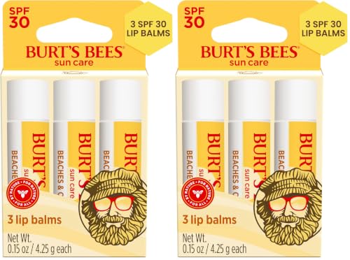 Image of Burts Bees SPF 30 Lip Balm, Beaches and Cream, Water-Resistant Sun Care, Nano-Free Zinc Oxide Formula, Natural Origin Conditioning Lip Treatment, 0.15 oz., Three Tubes (Pack of 2)