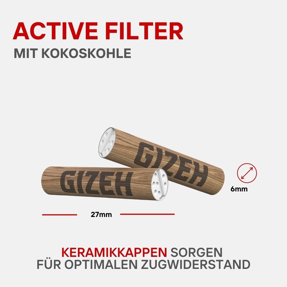 GIZEH Raucherbedarf Gizeh 20582 filtr z węglem aktywnym, cienki rozmiar, 6 mm, brązowy-10 worków po 50 filtrów, papier