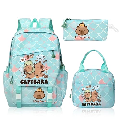 Fakcrkun Capybara School Bag 3 Pcs Capybara Backpack with Lunch Box and Pencil Case Large Capacity Waterproof Rucksack for Kids Student Teenagers