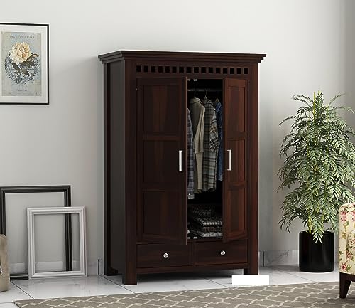 Image of Sheesham Wood Wooden 2 Door Wardrobe Organizer for Clothes | - Solid Wood Almirah with 2 Drawers, 2 Shelves - with Hanging Space Cupboard for Large Bedroom (Design 7)