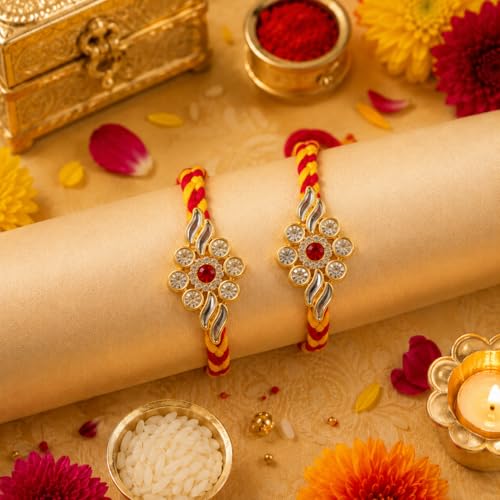 Image of 2 Pcs Traditional Floral Meenakari Rakhi with Roli Chawal, Red and Yellow Braided Thread Crystal Stone Centerpiece Rakshabandhan Rakhi for Brother Elegant Design Rakhis for Bhai