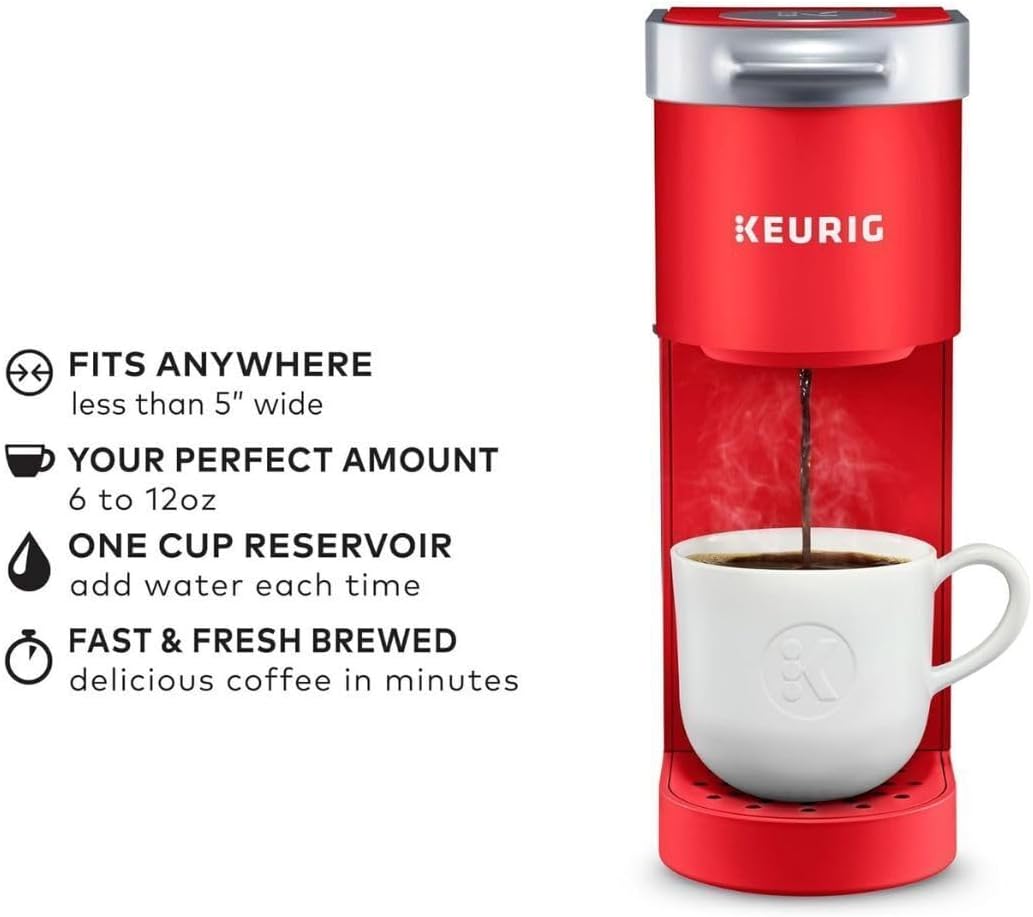 Keurig K-Mini Single Serve Travel-Friendly 6-12 oz Capacity Energy Efficient K-Cup Pod Drip Coffee Maker (Poppy Red, Renewed)