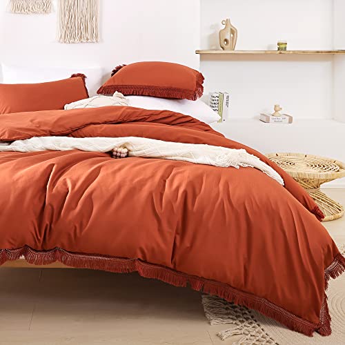 Yirddeo Queen Comforter Set Burnt Orange Comforter Set Tassel Bedding Soft Boho Comforter Set Lightweight Fringe Bedding With 2 Pillow Cases For All Seasons #TOP5