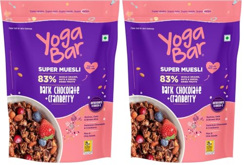 Image of Yogabar Wholegrain Breakfast Muesli - Dark Chocolate + Cranberry,400g| Healthy Breakfast Cereals | Granola | Gluten Free | Antioxidant Rich | Healthy Food for Breakfast | Protein Rich (Pack of 2)