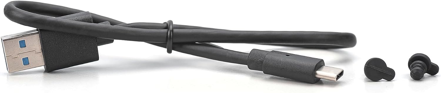 USB Type-C to Type-A cable and two rubber fasteners for M.2 SSD installation.
