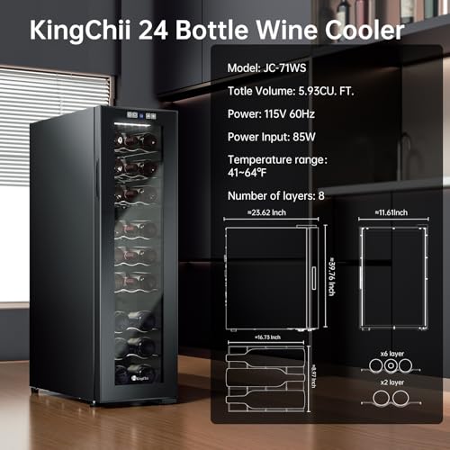 KingChii 24 Bottle Wine Cooler Refrigerator Freestanding Wine Fridge - Intelligent Digital Control, Low Noise Professional Compressor, Stainless Steel & Tempered Glass for Home, Office, or Kitchen