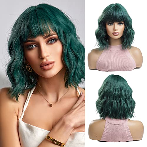 OUFEI Green Bob Wigs for Women Short Wavy wig Natural Synthetic Hair Heat Resistant Wigs for Daily Party Cosplay Wear-13 Inches