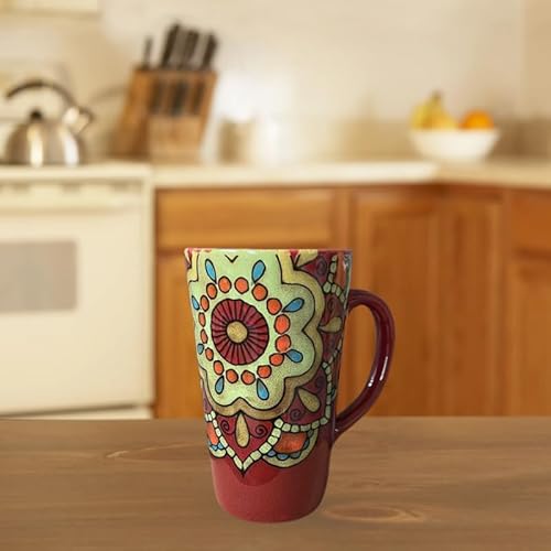 LIVIA エスニックスタイルのコーヒーマグカップ 大型手描きコーヒーカップ 500ml セラミックマグ 大容量 カップル用カップ 家庭用カップ 贈り物 (レッド)