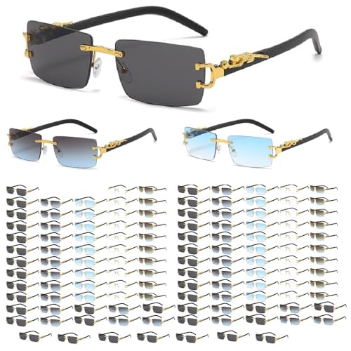 128-Pack Gold Zinc Alloy Rimless Sunglasses - 5 Colors (38 Black/30 Grey Blue/20 Each Brown Blue/Blue/Transparent) | Wholesale Bulk UV400